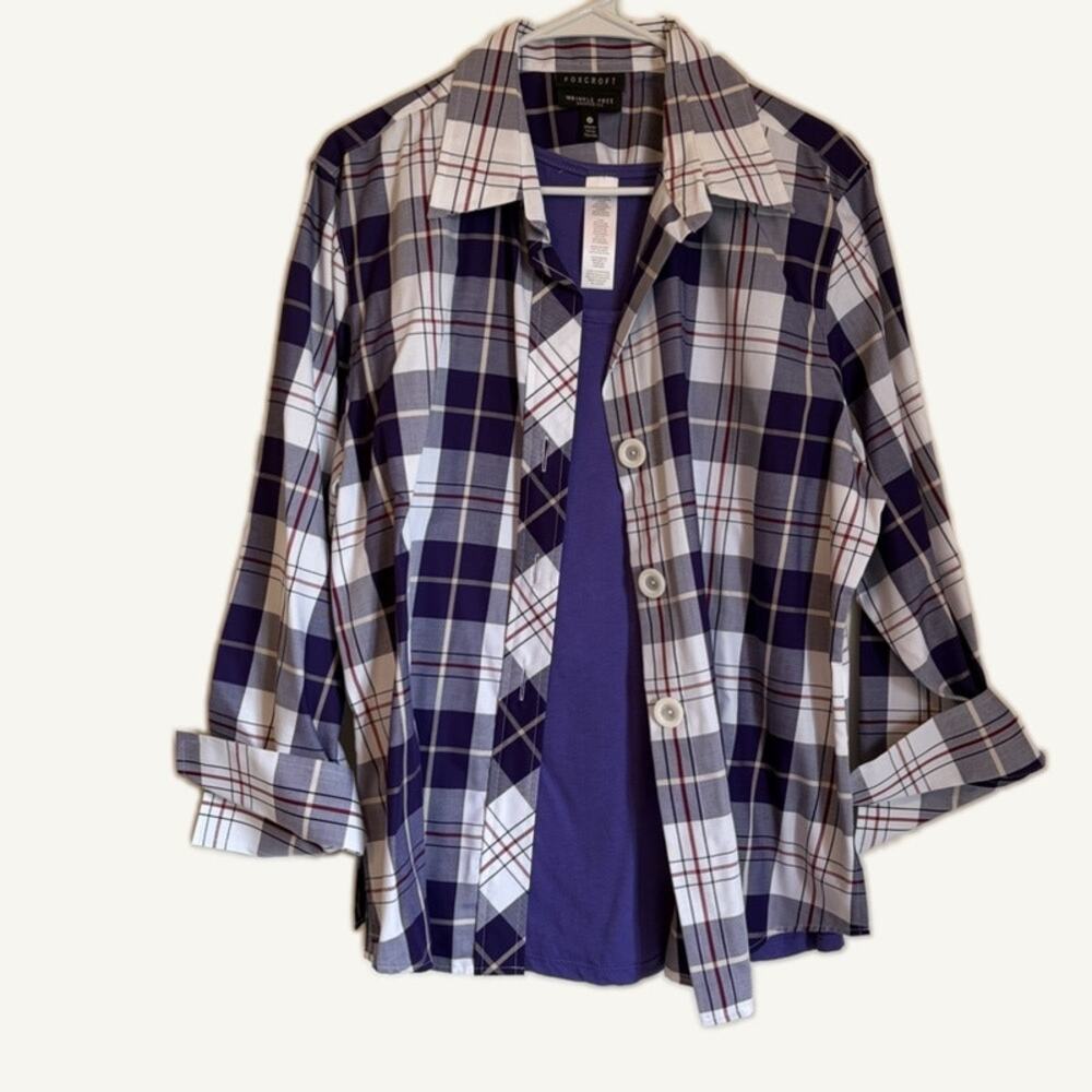 Foxcroft Wrinkle Free Plaid Button-Up Shirt & Purple Tank Top Set XL 16